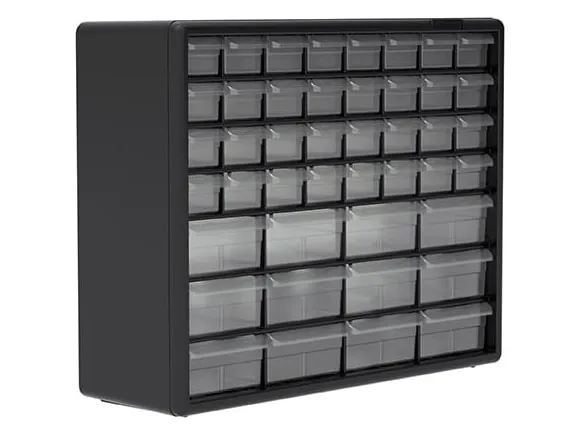 Black Akro-Mils 44-drawer cabinet with 32 small clear drawers above 12 large ones
