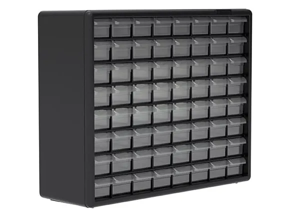 Black Akro-Mils 64-drawer cabinet with eight rows of eight small clear drawers