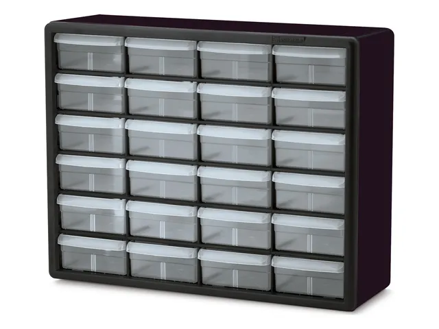 Black Akro-Mils 24-drawer cabinet with six rows of four large clear drawers