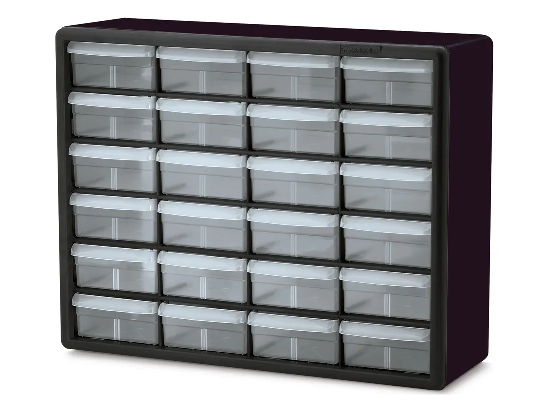 Black Akro-Mils 24-drawer cabinet with six rows of four large clear drawers