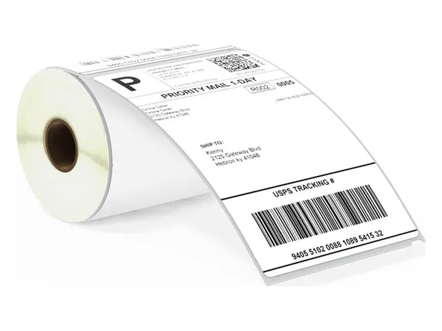 Roll of 4 x 6 inch shipping labels, one unrolled with a sample USPS Priority Mail label (DYMO 1744907 size)