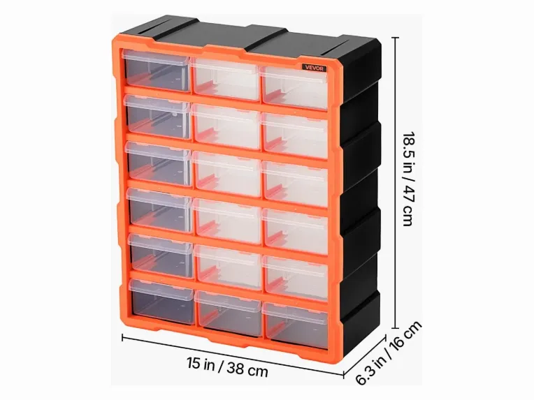 VEVOR 18-drawer organizer, 3 columns of 6 medium clear drawers, orange frame, 15 in wide by 18.5 in tall