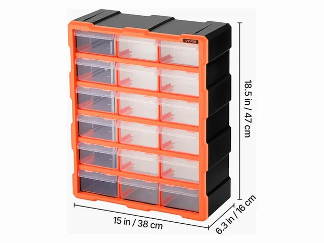 VEVOR 18-drawer organizer, 3 columns of 6 medium clear drawers, orange frame, 15 in wide by 18.5 in tall