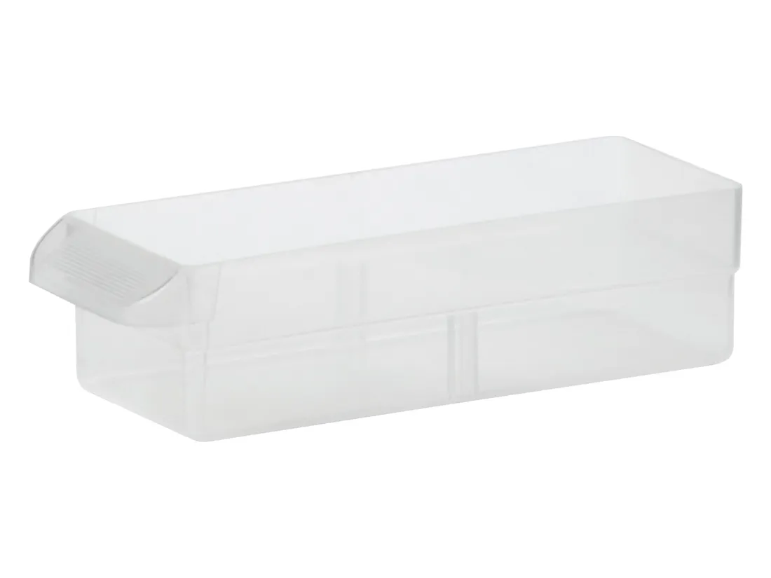 Single empty small clear drawer, long and narrow, with a ribbed finger-grip pull on the front edge