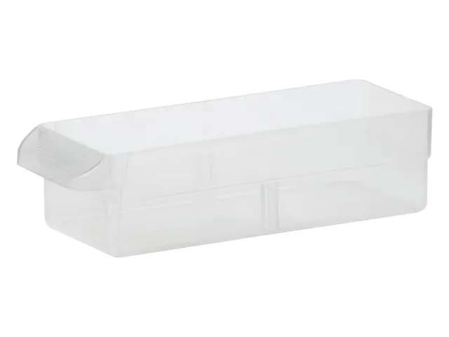 Single empty small clear drawer, long and narrow, with a ribbed finger-grip pull on the front edge