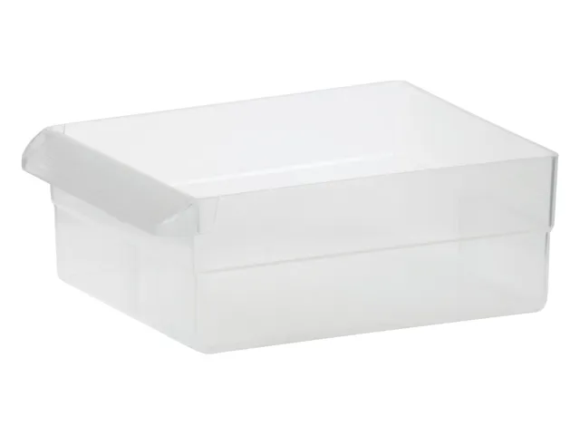 Single empty large clear drawer with a ribbed finger-grip pull on the front edge