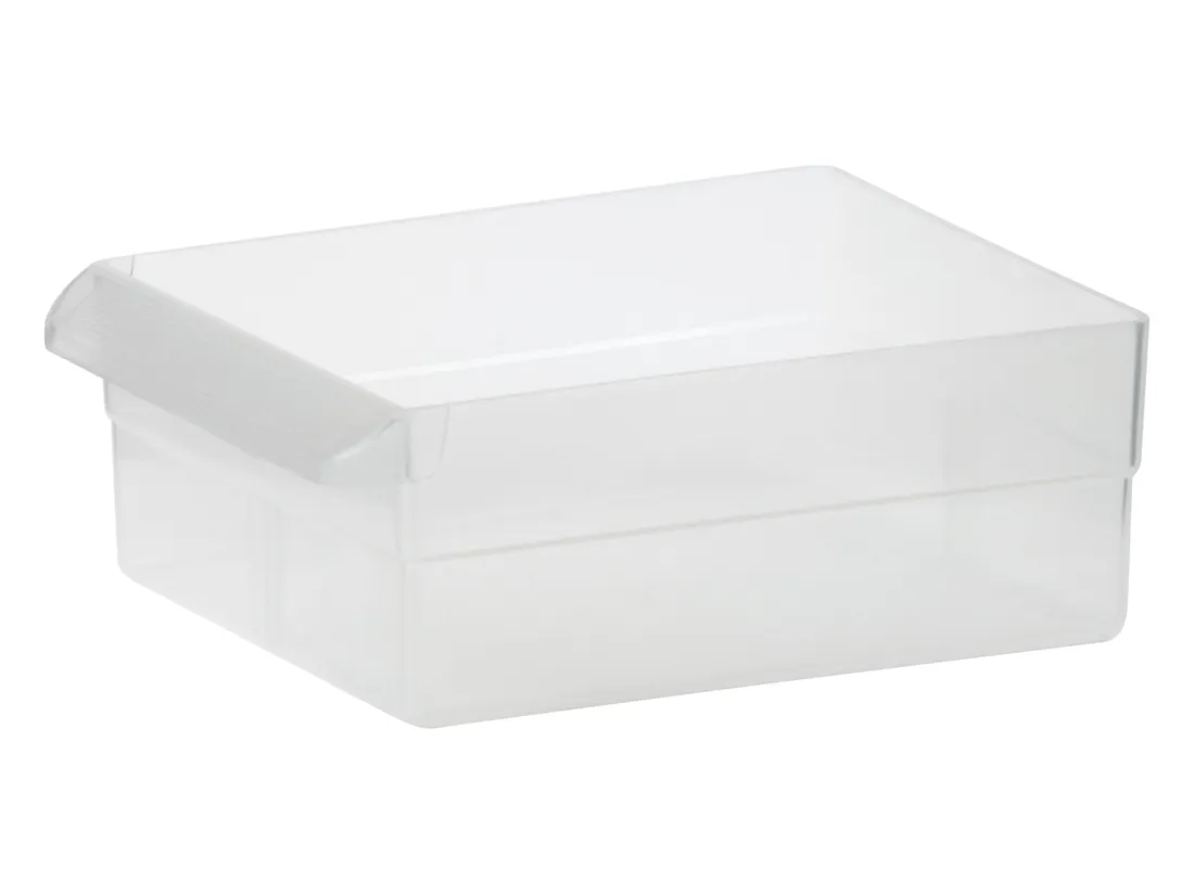 Single empty large clear drawer with a ribbed finger-grip pull on the front edge