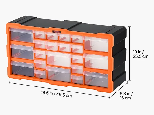 VEVOR 22-drawer organizer, 14 small and 8 medium clear drawers, orange frame, 19.5 in wide by 10 in tall