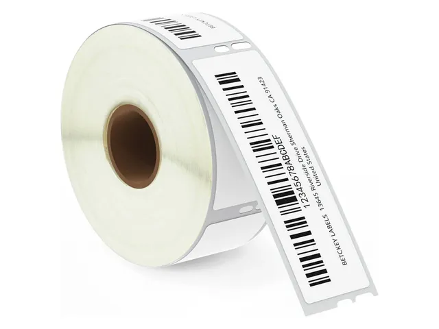 Roll of 1-1/8 x 3-1/2 inch address labels, one pulled out and printed with a sample barcode (DYMO 30252 size)