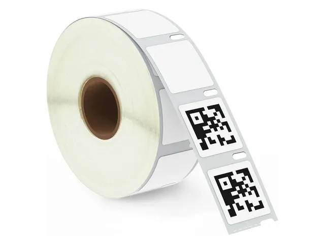 Roll of 1 x 1 inch square labels, two pulled out and printed with QR codes (DYMO 30332 size)