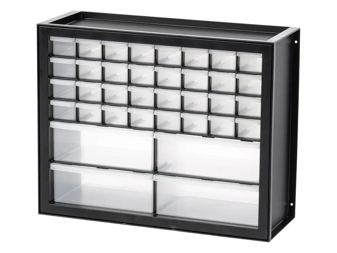 Black 36-drawer parts cabinet with 32 small clear drawers in four rows above 4 large drawers