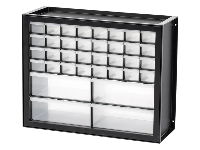 Black 36-drawer parts cabinet with 32 small clear drawers in four rows above 4 large drawers