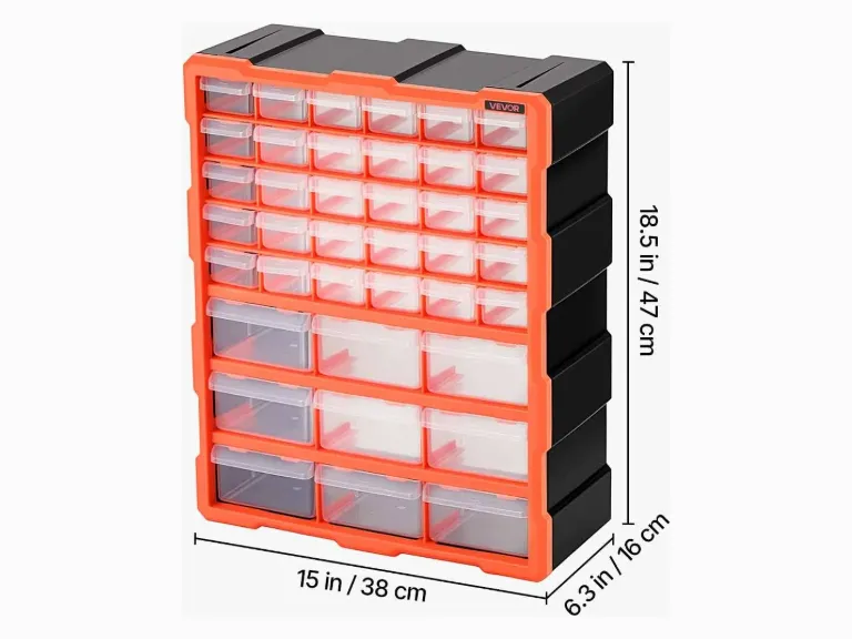 VEVOR 39-drawer organizer, 30 small over 9 medium clear drawers, orange frame, 15 in wide by 18.5 in tall