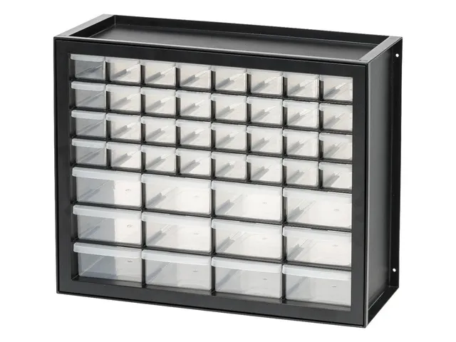 Black 44-drawer parts cabinet with 32 small clear drawers in four rows above 12 medium drawers
