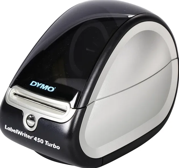 DYMO LabelWriter 450 Turbo label printer with a smoked black lid, silver sides and a front label slot