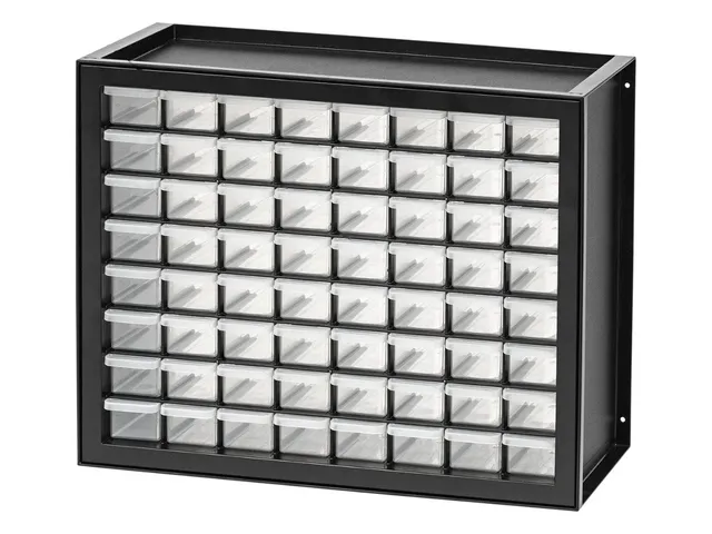 Black 64-drawer parts cabinet with eight rows of eight small clear drawers