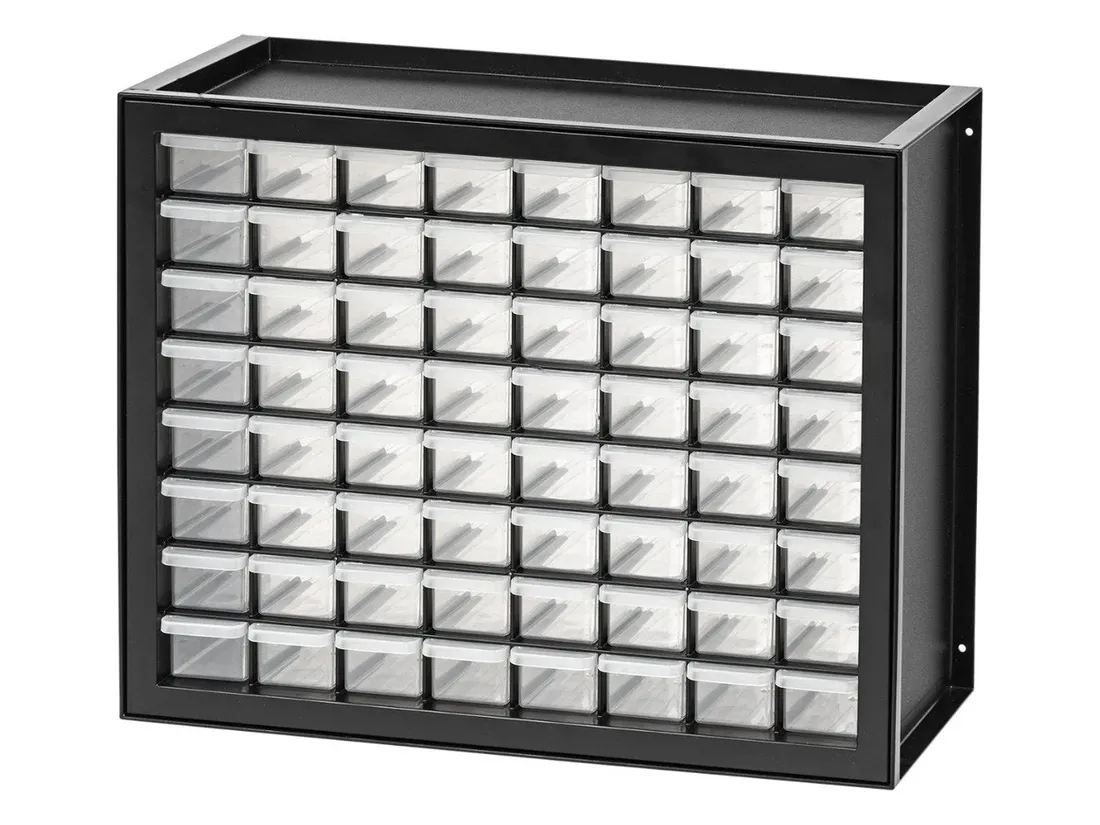 Black 64-drawer parts cabinet with eight rows of eight small clear drawers