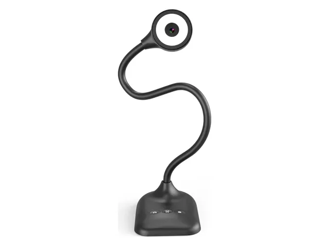 Black USB document camera with an LED ring around the lens, on a bendable S-shaped gooseneck and square base
