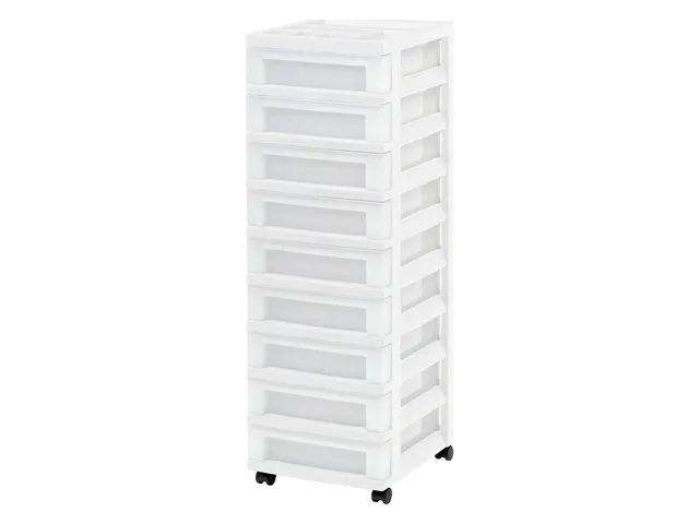 White rolling storage cart with nine frosted drawers, an organizer tray on top and black casters