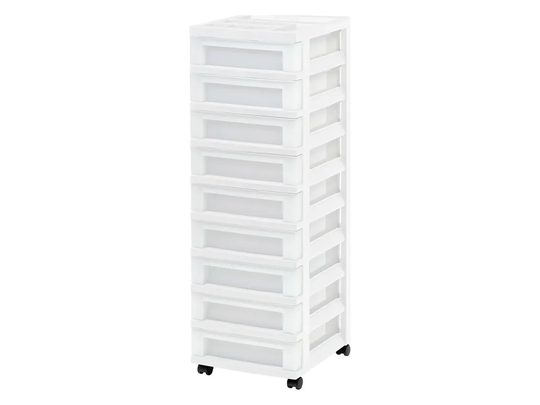 White rolling storage cart with nine frosted drawers, an organizer tray on top and black casters