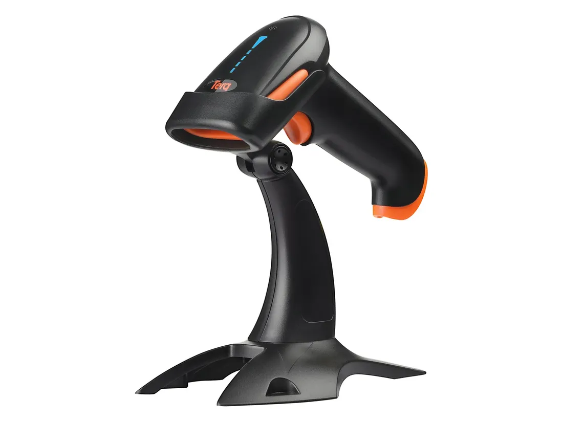 Black and orange Tera handheld barcode scanner with blue indicator lights, resting on its stand
